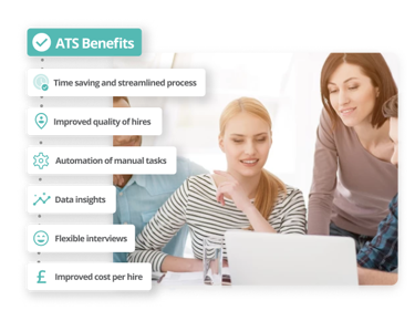 Three HR professionals reviewing ATS benefits on a laptop screen, including automation, cost per hire, and data insights.