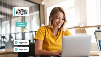 Woman using HR software on a laptop with a time-off request approval workflow displayed