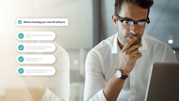 image showing man working on laptop with overlaying text saying "before choosing new hr software"