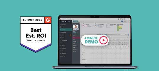 Graphic for a 4-minute software demo featuring G2 Best Estimated ROI badge and a computer screen with the software interface.