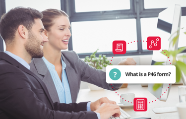 Man and women collaborating around a computer