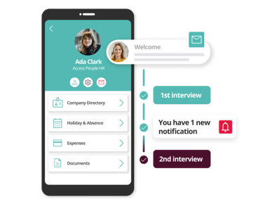 Recruiter on a laptop conducting a video interview with overlay labels “Expand your reach,” “Save time,” and “More insights.”