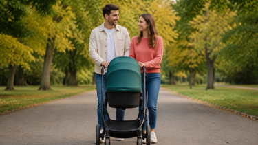 Parents with a baby stroller illustrating statutory maternity and paternity pay calculations managed through payroll software.