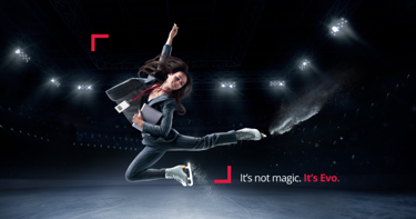 Figure skater image next to text saying "it's not magic. it's evo"