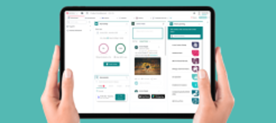 Hands holding a tablet displaying an app interface, promoting a personalized demo for employee benefits and engagement solutions.