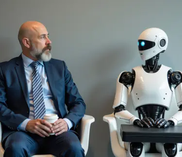 Image of a man and a robot representing AI