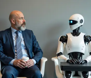 Image of a man and a robot representing AI
