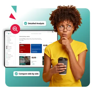 Image showing woman contemplating, with words such as compare side by side and detailed analysis