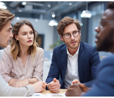 Team collaborating in a modern office setting, symbolizing the need for scalable HR systems during business growth.