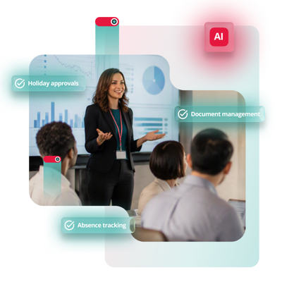 Woman presenting to a group in front of charts, with HR software labels for holiday approvals and document management