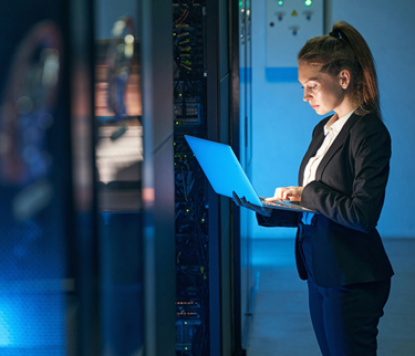 Woman checking Payroll data security on laptop
