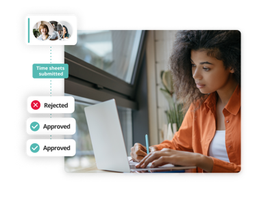 Person using a laptop to review and authorize employee attendance records.