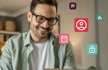 Smiling man using HR software with icons for performance, analytics, scheduling, and employee data security