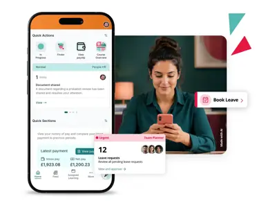 EEmployee using a mobile time and attendance app to book leave, manage schedules, view payslips and track HR requests.