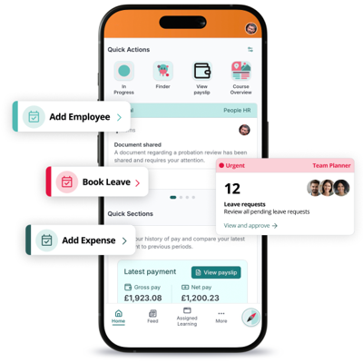 PeopleHR mobile HR app showing employee management features including booking leave and submitting expenses