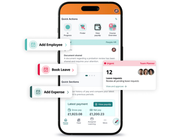 PeopleHR mobile HR app showing employee management features including booking leave and submitting expenses