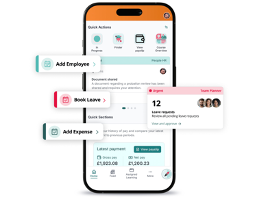 PeopleHR mobile HR app showing employee management features including booking leave and submitting expenses