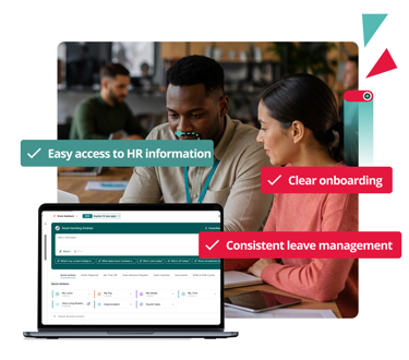 Small business employees using HR software to access employee information, streamline onboarding and manage leave requests in one platform.