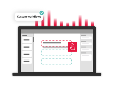 Laptop screen displaying custom workflow creation interface with interactive elements, representing tailored business processes.