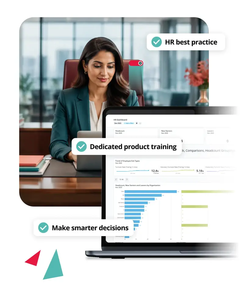HR professional using a people analytics dashboard to uncover workforce trends and gain actionable HR insights.