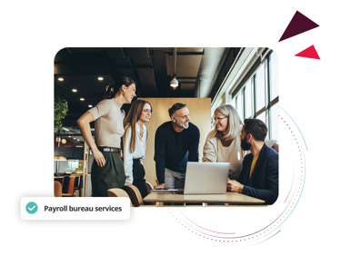 Team meeting around a laptop discussing payroll bureau services.