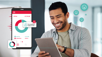 Graphic with man using table and graphic saying "your payslip is ready to view!"