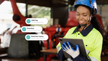 Factory worker using tablet for payroll software managing shift pay, overtime and multi-site teams in manufacturing