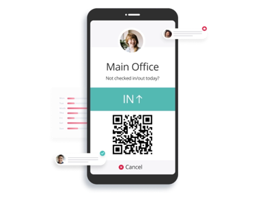Mobile phone showing employee details and QR code for easy time logging.