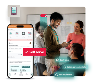 Four colleagues in an office, one holding a phone beside a PeopleHR HR software app showing quick actions