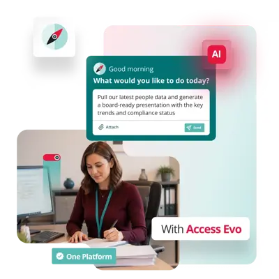 AI-powered HR software dashboard showing automated reporting, workforce data insights and an integrated assistant interface.