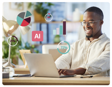 Smiling professional using AI-powered HR software with analytics and charts