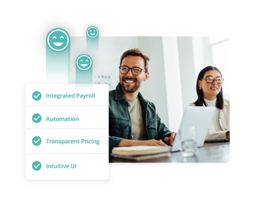 Office meeting scene with two people using laptops beside icons highlighting integrated payroll, automation, transparent pricing and intuitive UI.