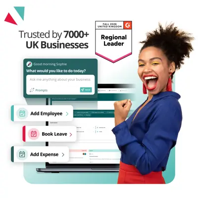 PeopleHR HR software dashboard showing employee management features, with a Fall 2026 G2 Regional Leader badge