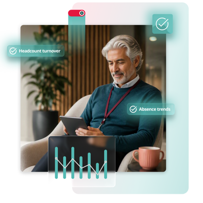 Grey-haired man in an armchair with a tablet, beside HR software callouts for headcount turnover and absence trends