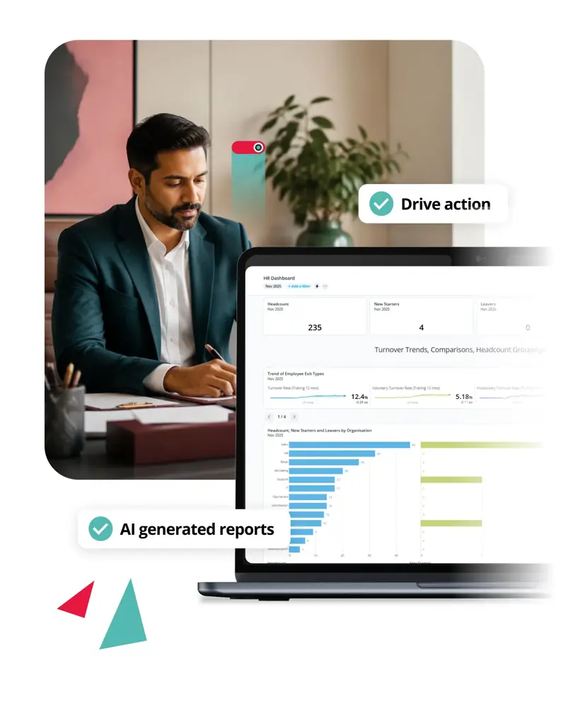 HR professional reviewing AI-generated workforce reports and analytics dashboard to support faster, data-driven decision making.