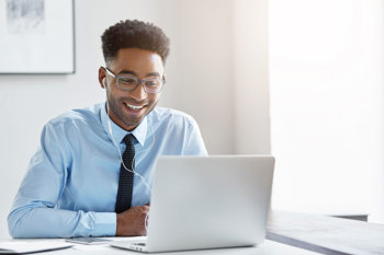 Happy worker on a online call