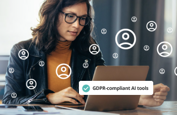 HR professional using GDPR-compliant AI tools on a laptop to manage employee data and ensure compliance