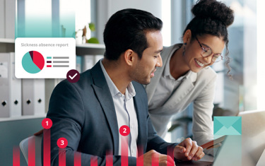 Man and women collaborating around a computer