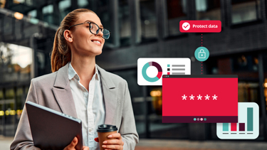 Image of woman holding a laptop and a coffee, with text saying "protect data"