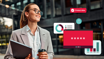 Image of woman holding a laptop and a coffee, with text saying "protect data"