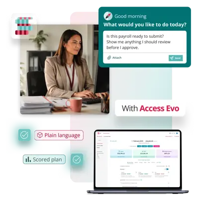 Payroll software dashboard with AI payroll assistant, payroll approval workflow, scored action plan and payroll processing tools.