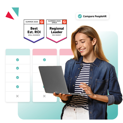 PeopleHR comparison graphic featuring G2 Summer 2025 awards for Best Estimated ROI and Regional Leader, with a user reviewing HR software options on a laptop and a Compare PeopleHR call‑to‑action.