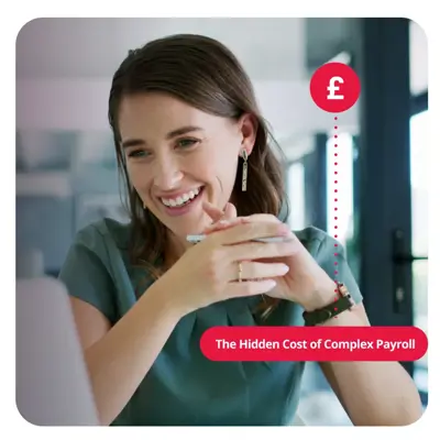 Image showcasing Woman looking at laptop with text saying @The hidden cost of Complex Payroll"