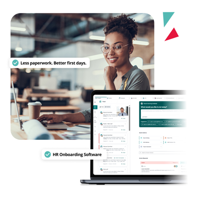 Employee and image of laptop screen showing PeopleHR's Onboarding Software UI