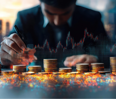 "Businessman reviewing financial data with stacked coins and stock charts, representing UK Autumn Budget 2025/26 impact