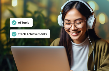 Young woman using AI tools on a laptop with headphones on, tracking achievements in a learning and development program