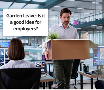 Man leaving office with a box, illustrating concept of gardening leave for employers.