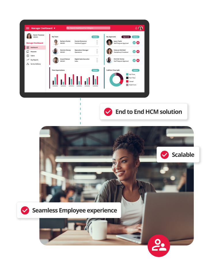 Happy employee due to scalable HR Software and example of dashboard.