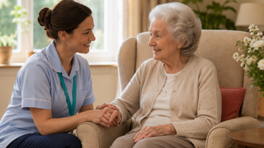 Image of care home employee taking care of an elder