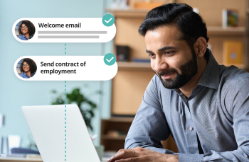 HR professional sending welcome email and contract of employment, highlighting digital onboarding and HR automation